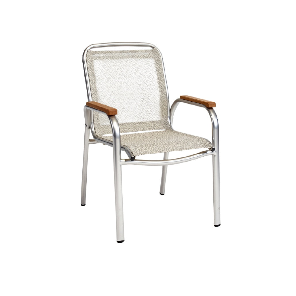 Modern Aluminum Patio Chair with Textured Fabric and Wooden Armrests
